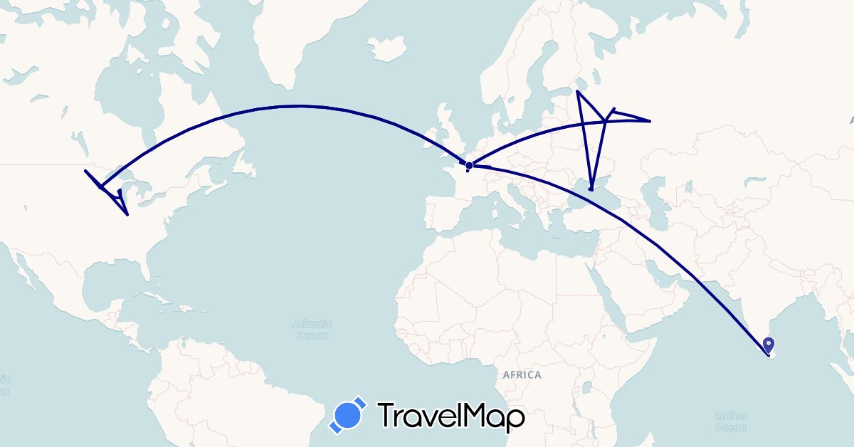 TravelMap itinerary: driving in France, Sri Lanka, Russia, United States (Asia, Europe, North America)